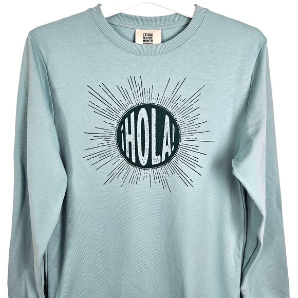 Latino Heritage Month "Hola" Crewneck Unisex Sweatshirt Size XS Mint Green Casua - Picture 3 of 8